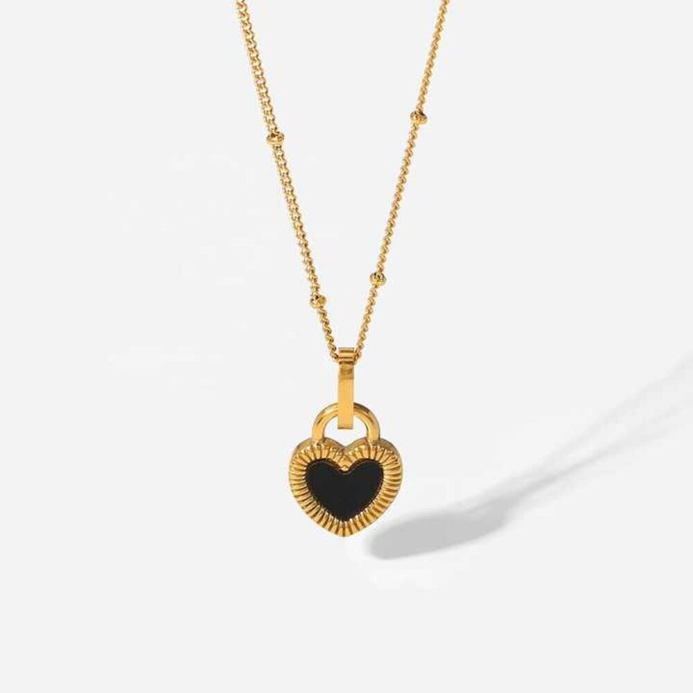 18K Gold Plated Double-Sided Black White Signet Lock Heart Necklace